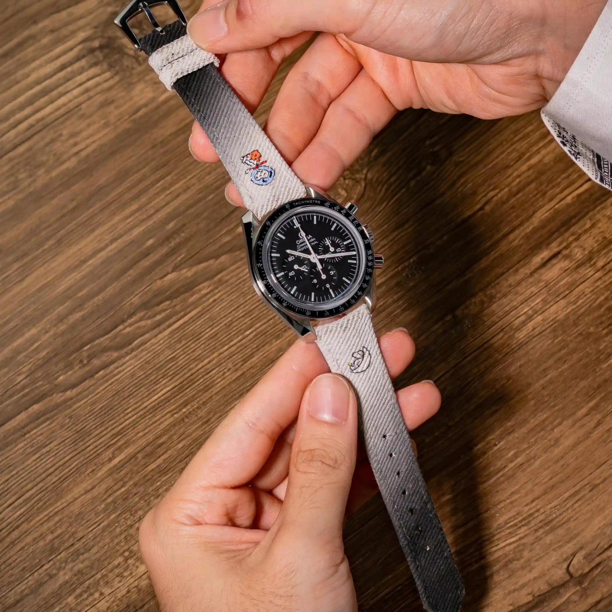 Omega Canvas Strap – White Black Denim Two Tone Snoopy