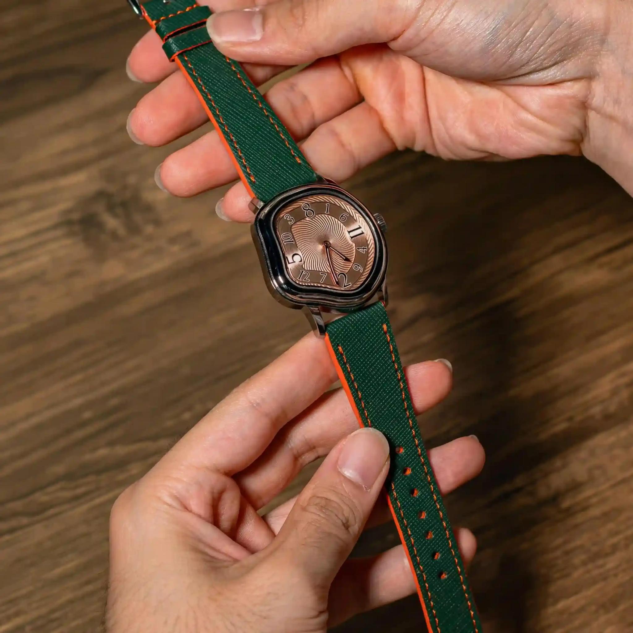 Green Saffiano with Orange Edge – Grandeur Leather Strap