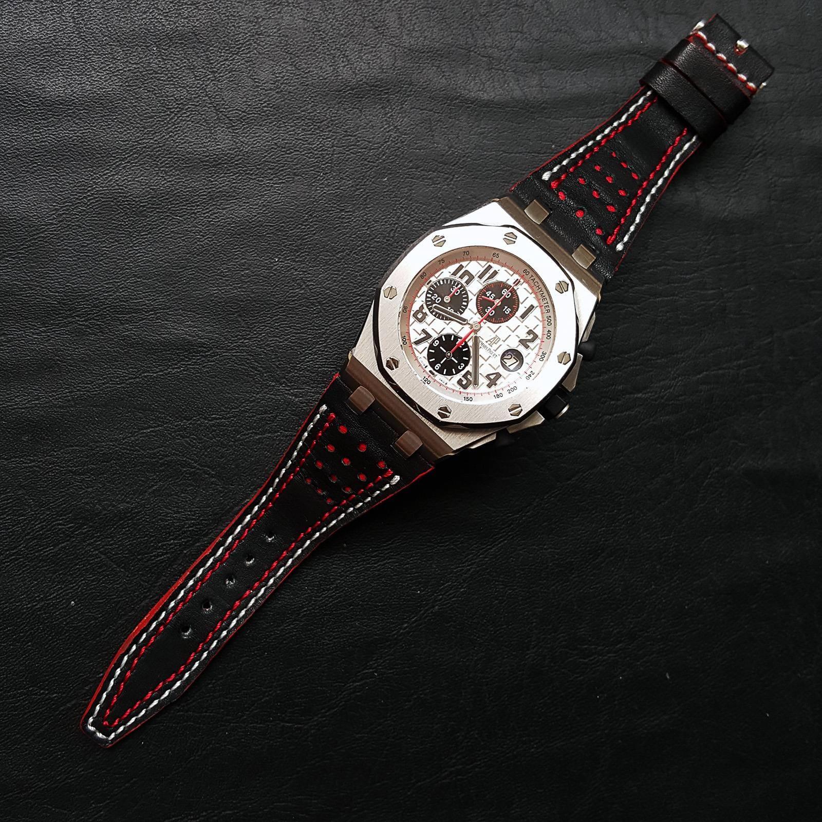 AP Leather Strap – Racing Black with White Red Stitch
