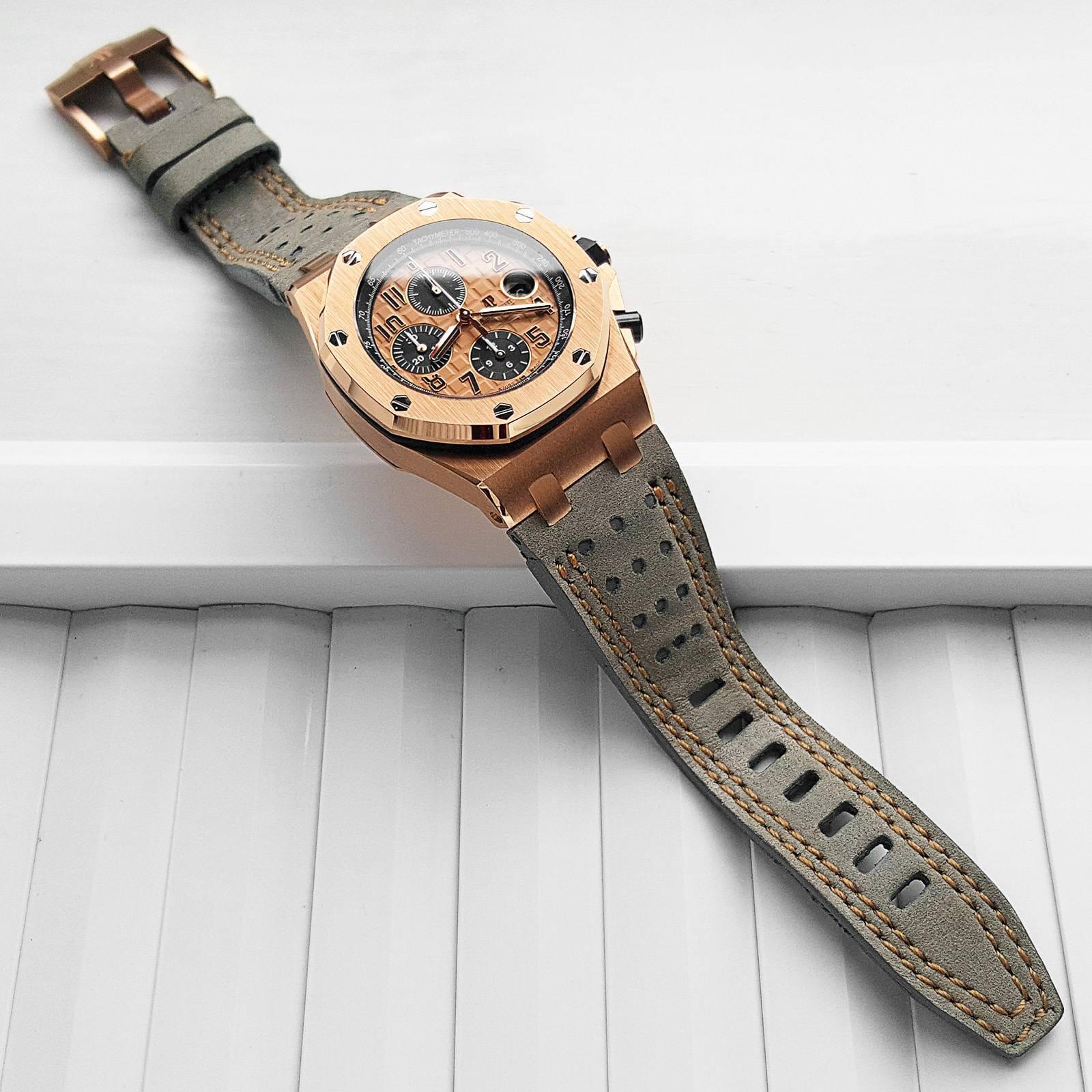 AP Leather Strap – Racing Grey with Double Rose Gold Stitch