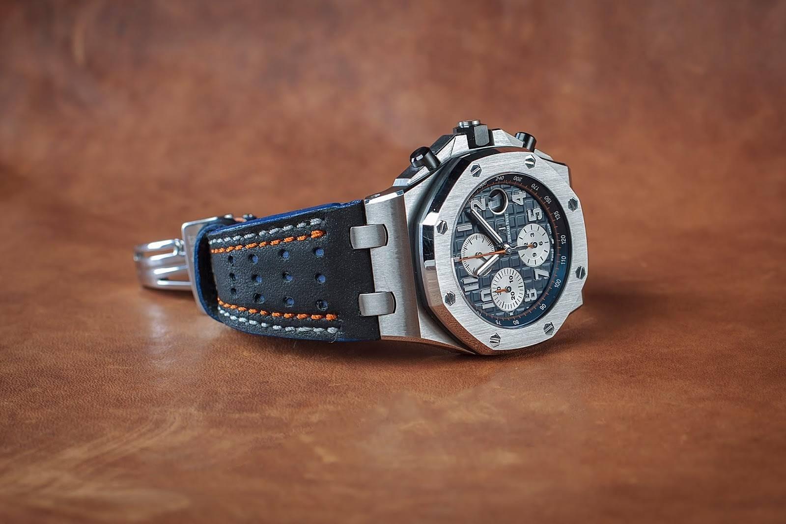 Racing Black-Blue with White-Orange Stitch – Leather Watch Strap