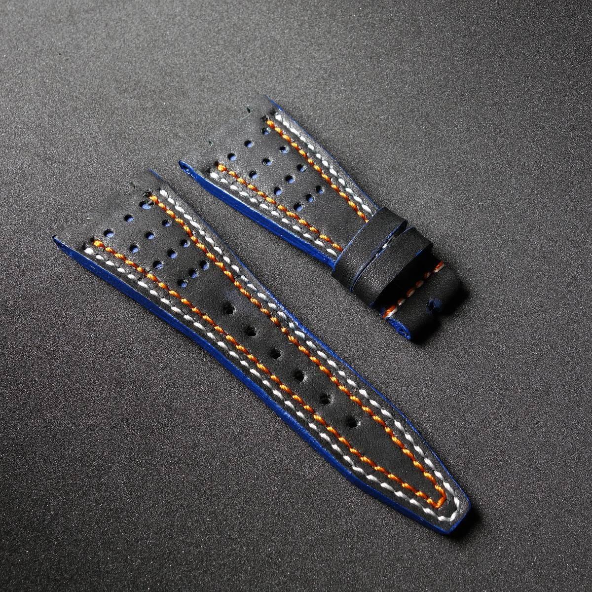 AP Leather Strap – Racing Black with White Orange Stitch