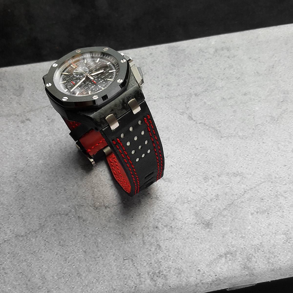 Racing Black-White with Double Red Stitch – Leather Watch Strap
