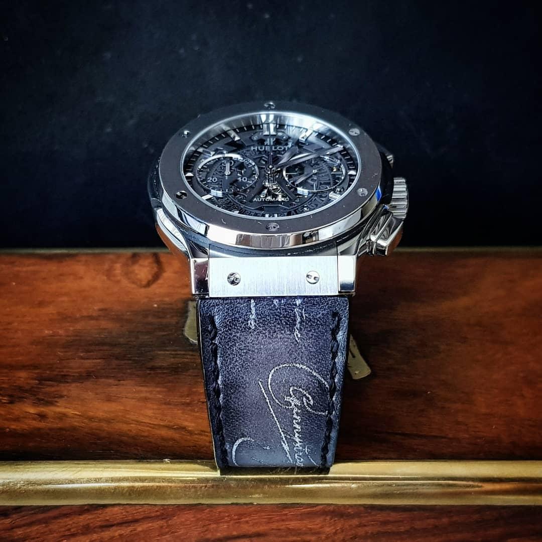 Hublot Leather Strap – Black Patina with Silver Scritto