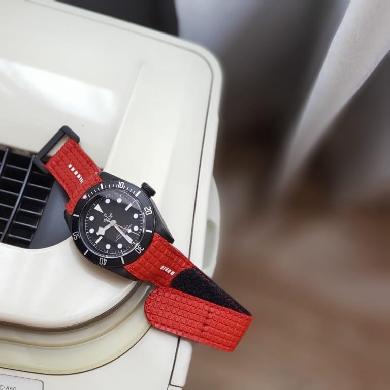 Extreme Chessboard Red with White Stripe – Leather Watch Strap