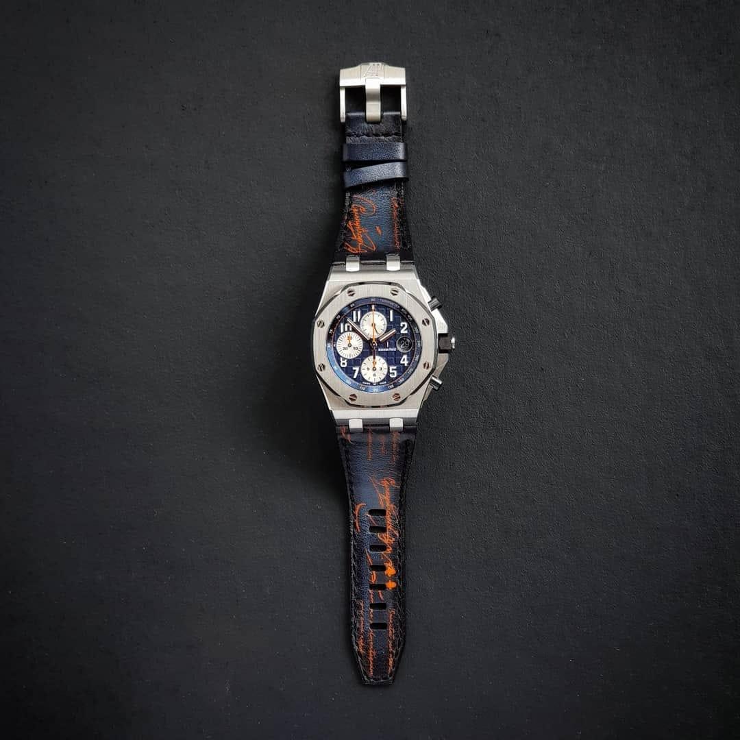 Dark Blue Patina with Orange Scritto – Leather Watch Strap