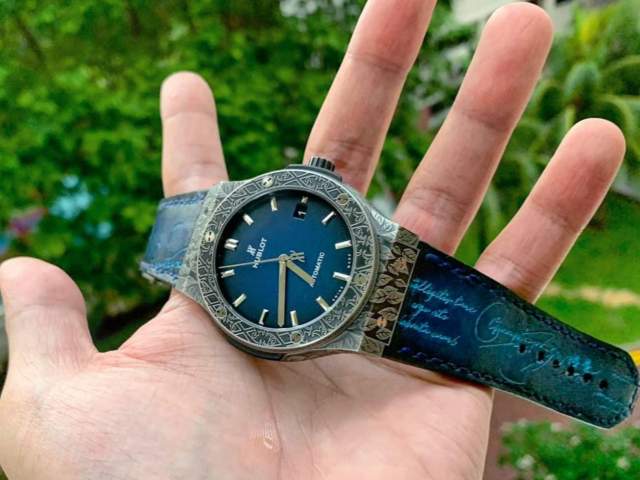 Hublot Leather Strap – Blue Patina with Cyan Scritto