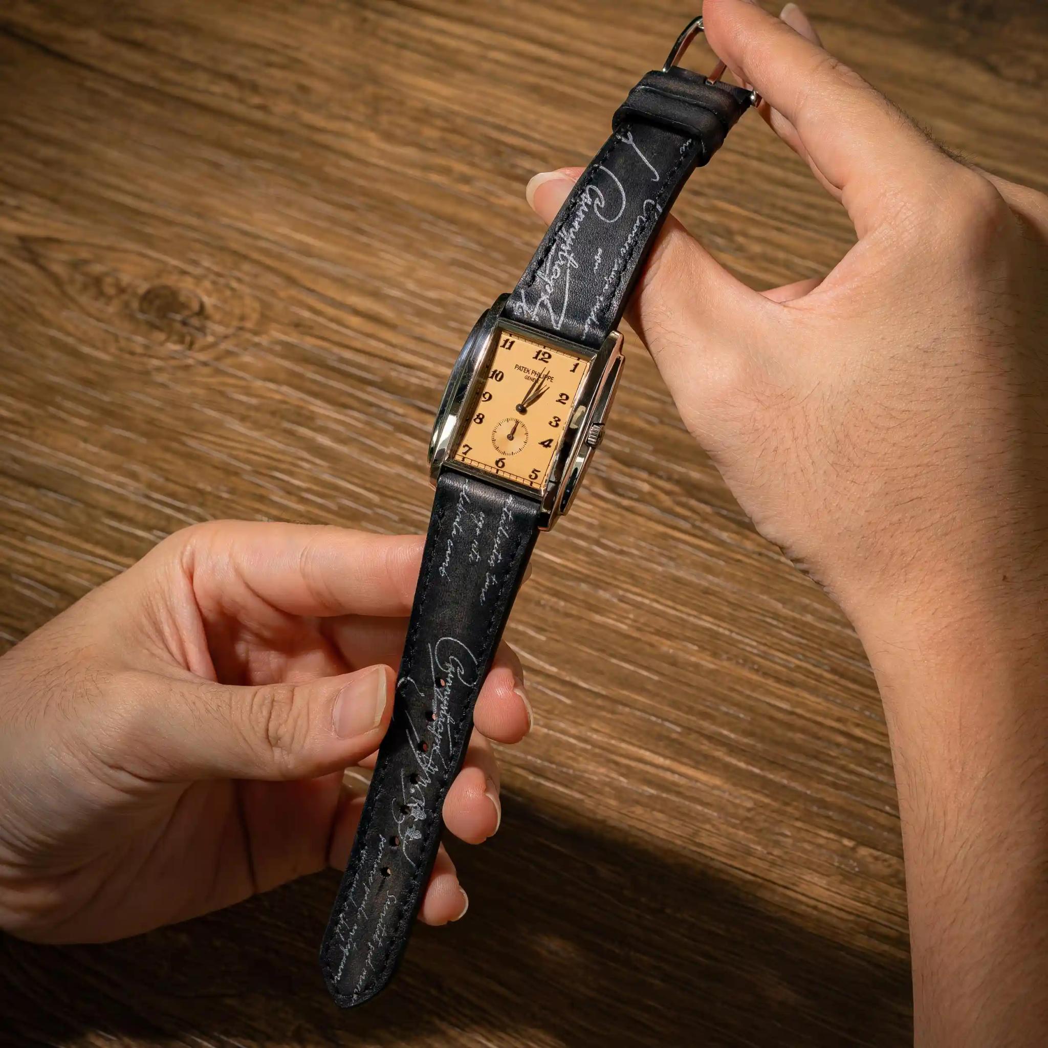 Patek Philippe Leather Strap – Black Patina with Silver Scritto