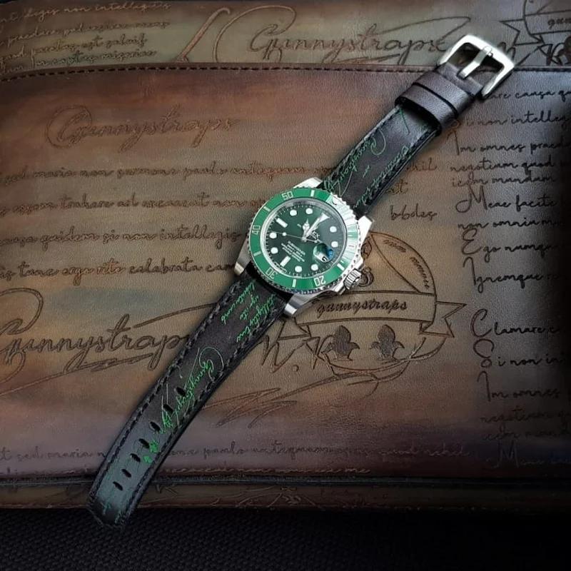 Rolex Leather Strap – Black Patina with Green Scritto
