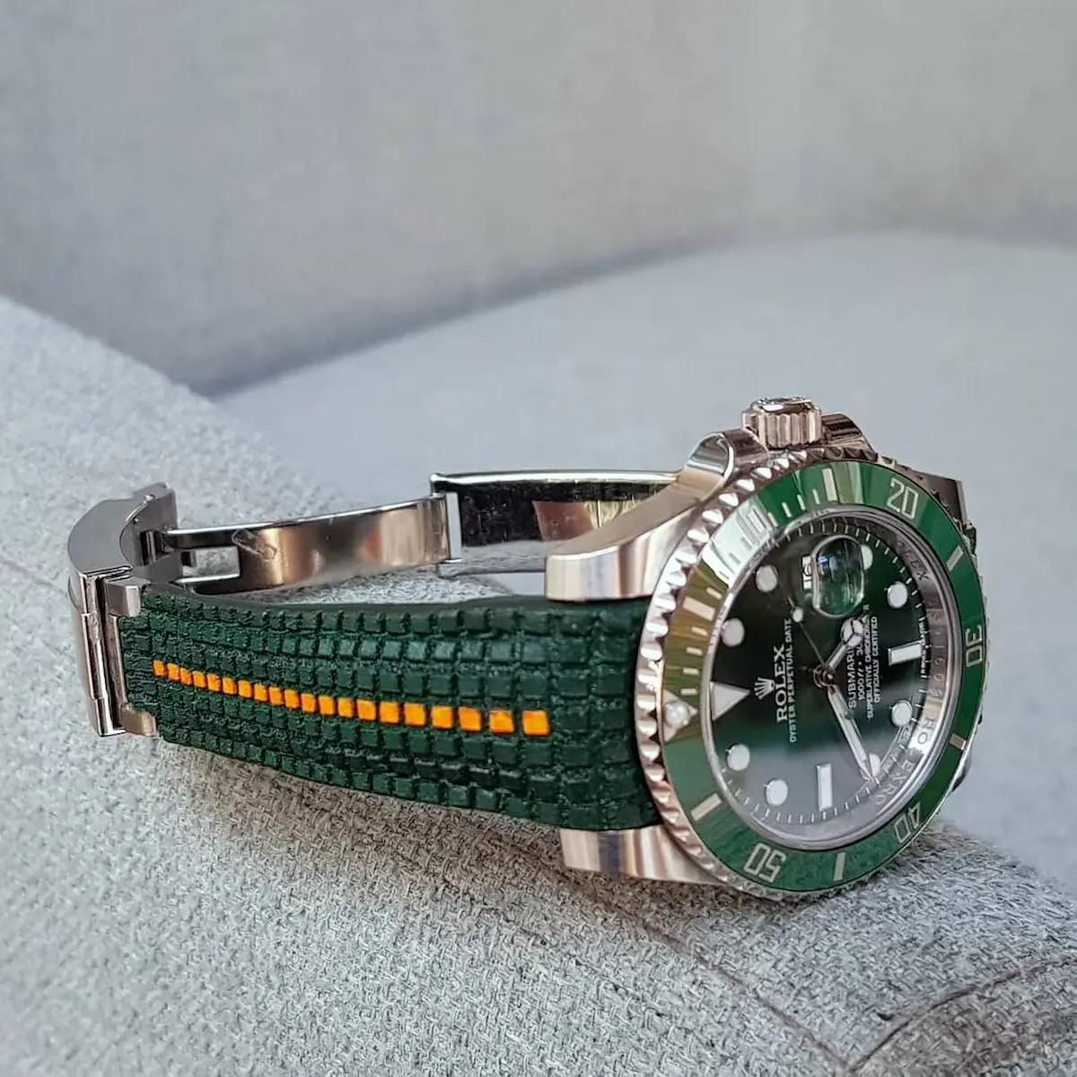 Rolex Leather Strap – Extreme Chessboard Green with Orange Stripe