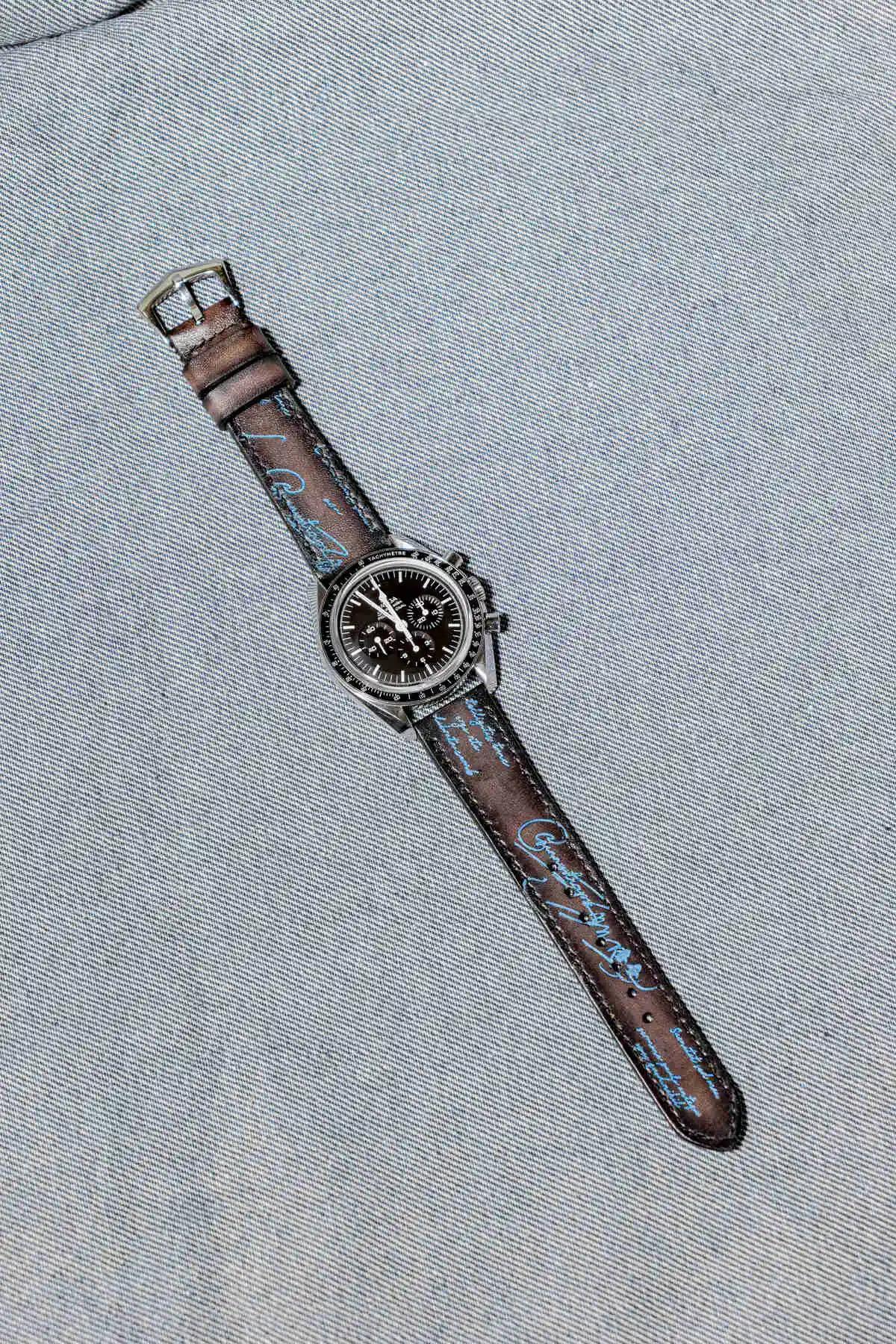 Omega Leather Strap – Black Patina with Blue Scritto