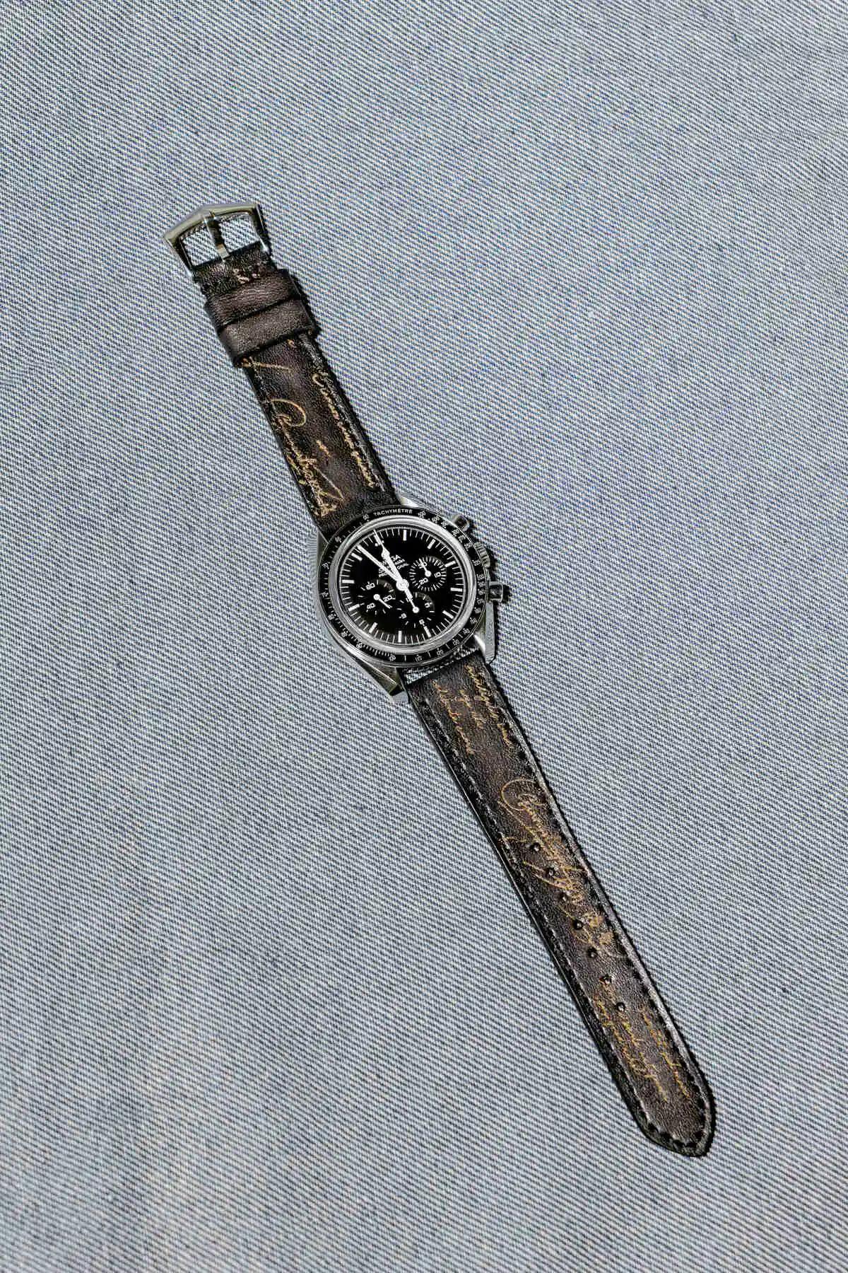 Omega Leather Strap – Black Patina with Gold Scritto
