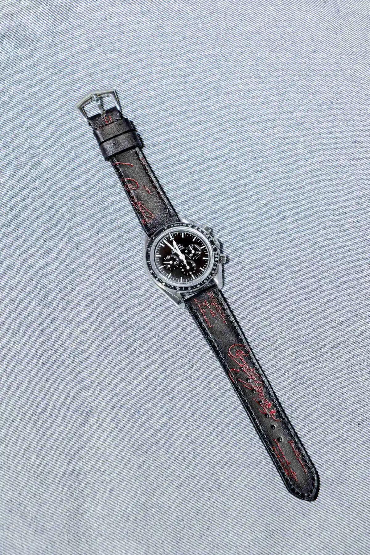 Omega Leather Strap – Black Patina with Red Scritto