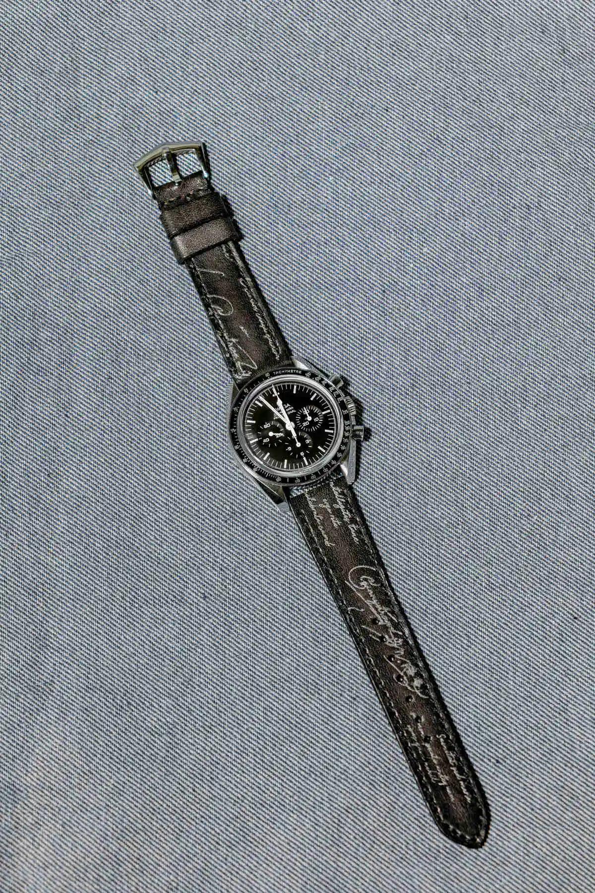 Omega Leather Strap – Black Patina with Silver Scritto
