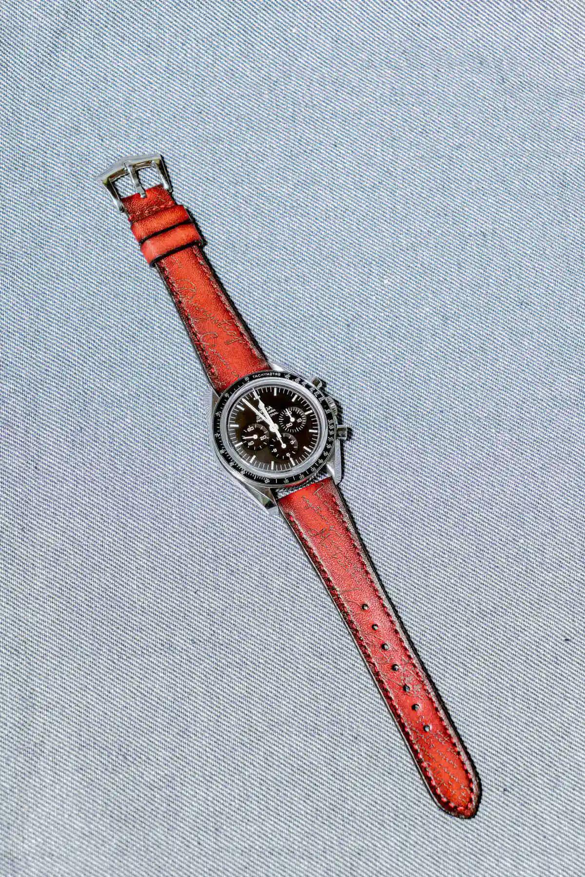 Omega Leather Strap – Red Patina Scritto