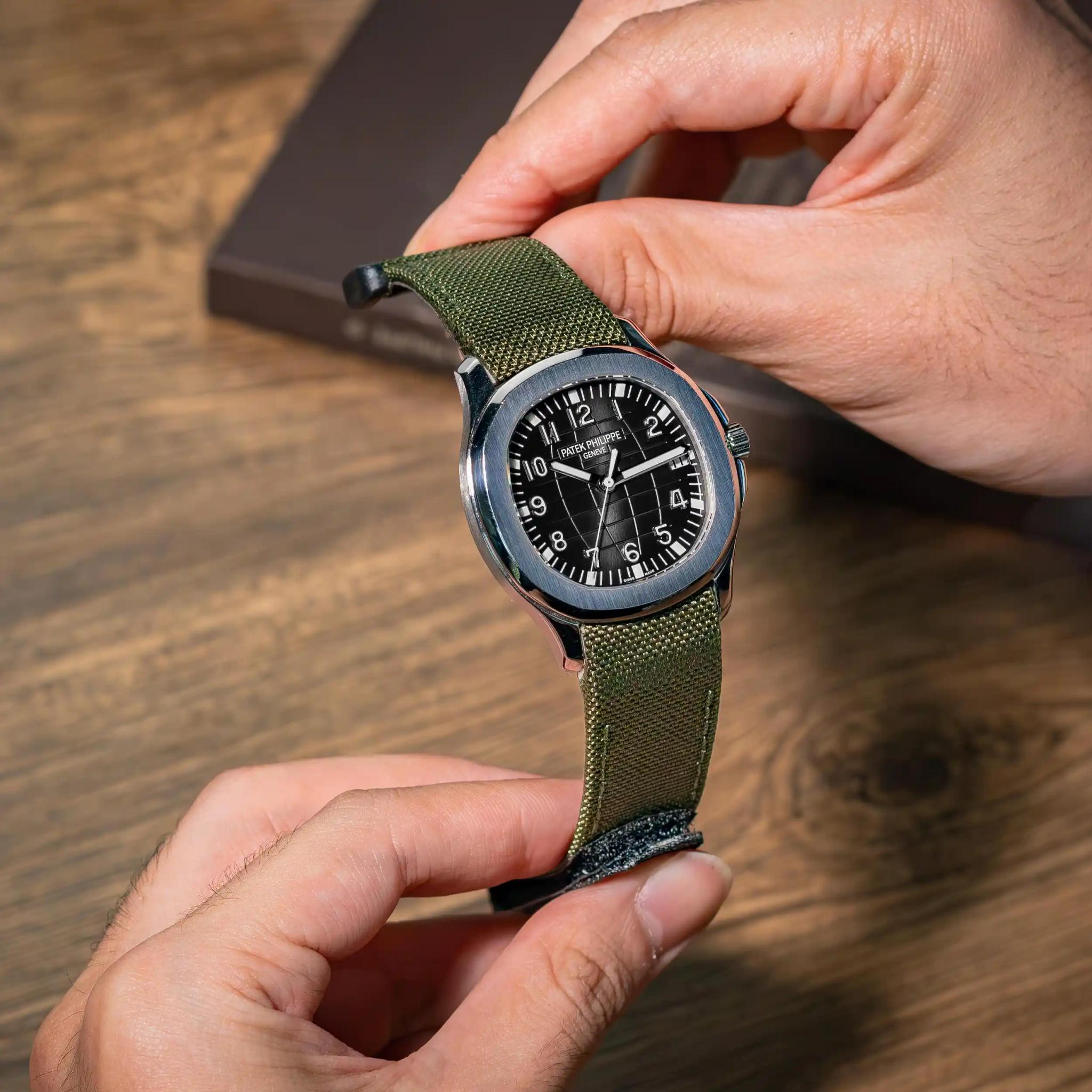 army-green-kevlar-strap-with-hook-and-loop-on-patek-philippe-aquanaut-made-by-Gunny-Straps