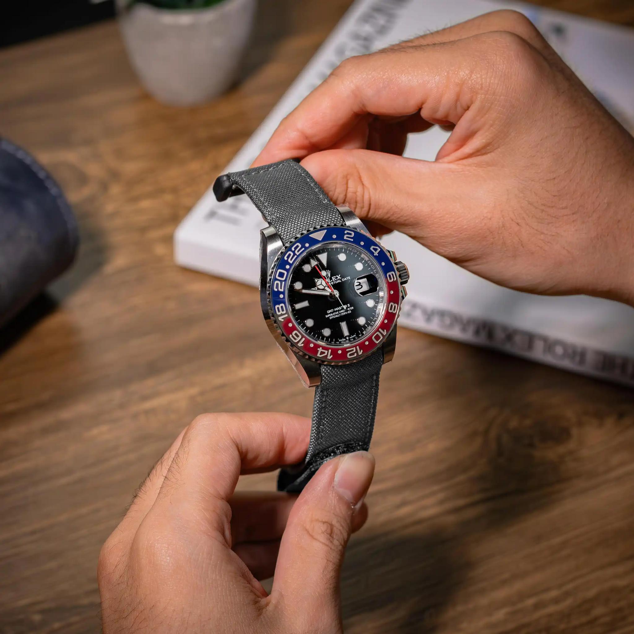 dark-grey-kevlar-strap-with-hook-and-loop-on-Rolex-GMT-Master-II-Pepsi-made-by-Gunny-Straps