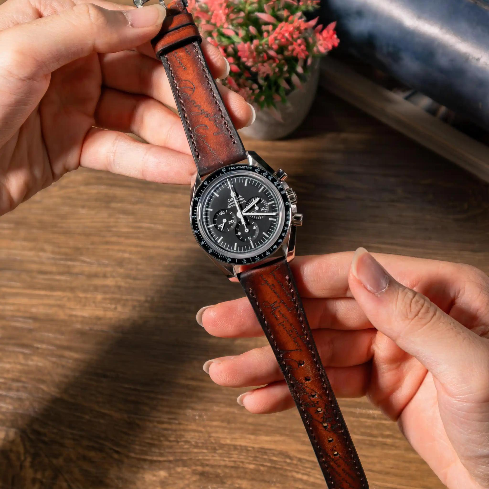 Omega Leather Strap – Dark Brown Patina Scritto