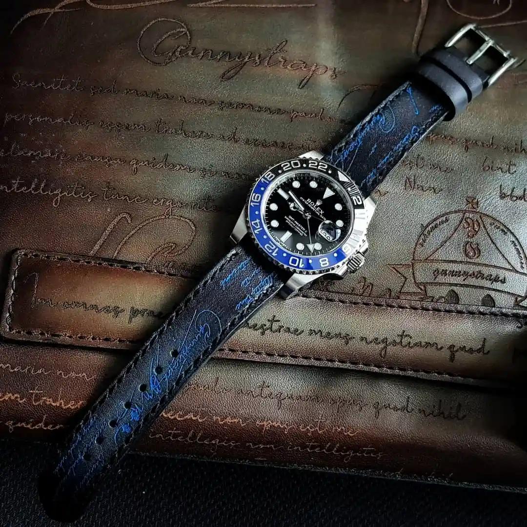 Rolex Leather Strap – Black Patina with Blue Scritto