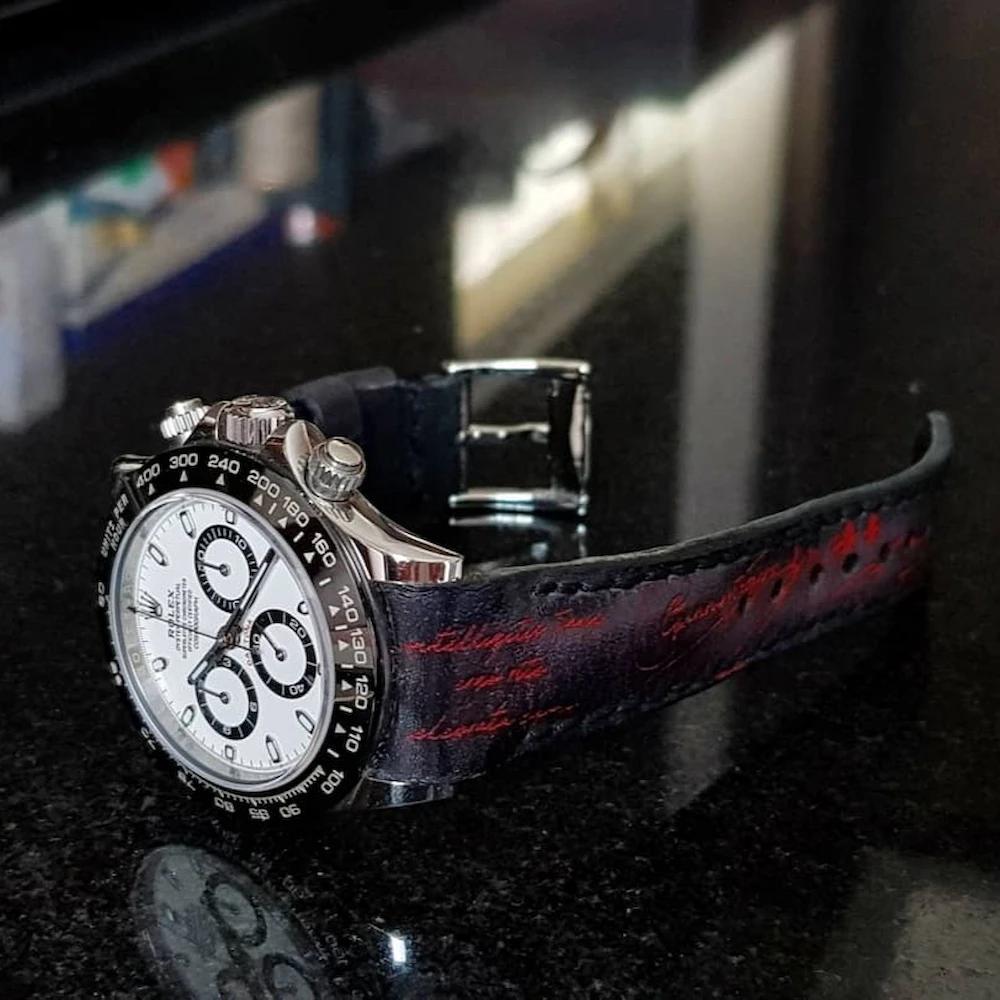 Rolex Leather Strap – Black Patina with Red Scritto