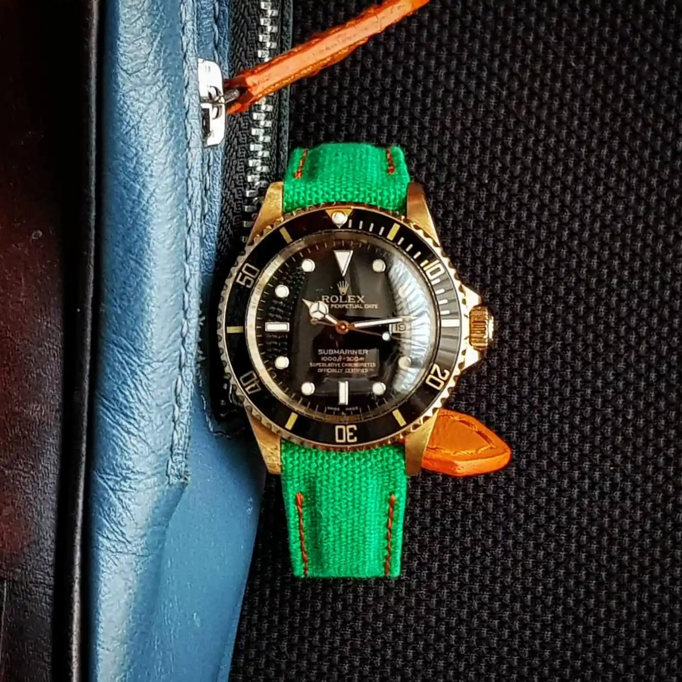Rolex Canvas Strap – Green Canvas Hook & Loop with Orange Stitch