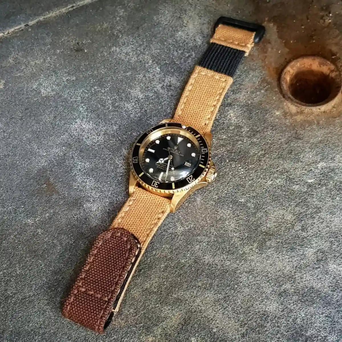 Rolex Canvas Strap – Canvas Tan with Black Kolor Hook & Loop