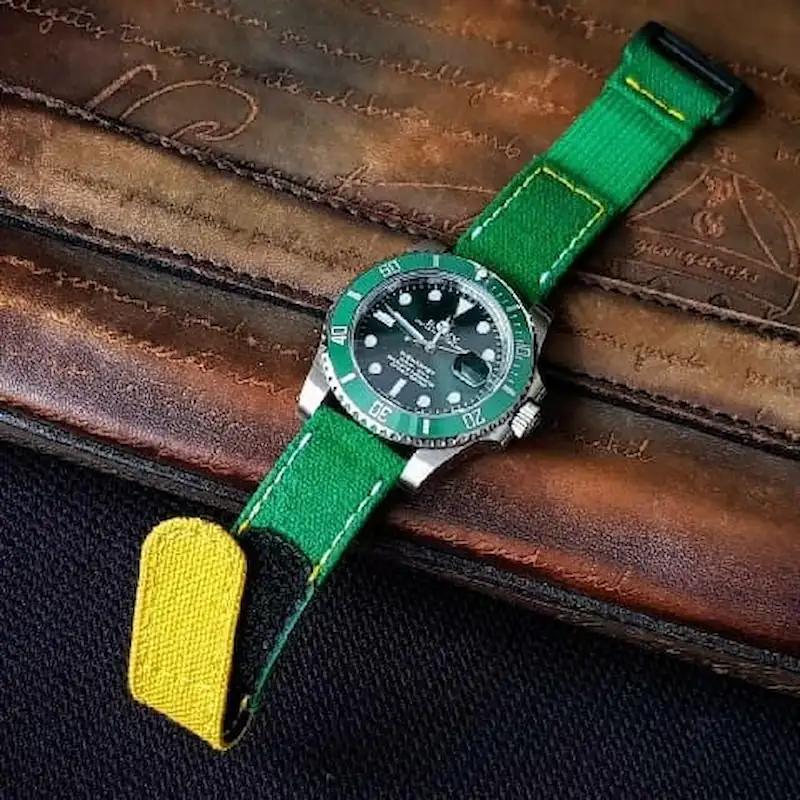 Rolex Canvas Strap – Green Canvas with Yellow Hook & Loop Flap