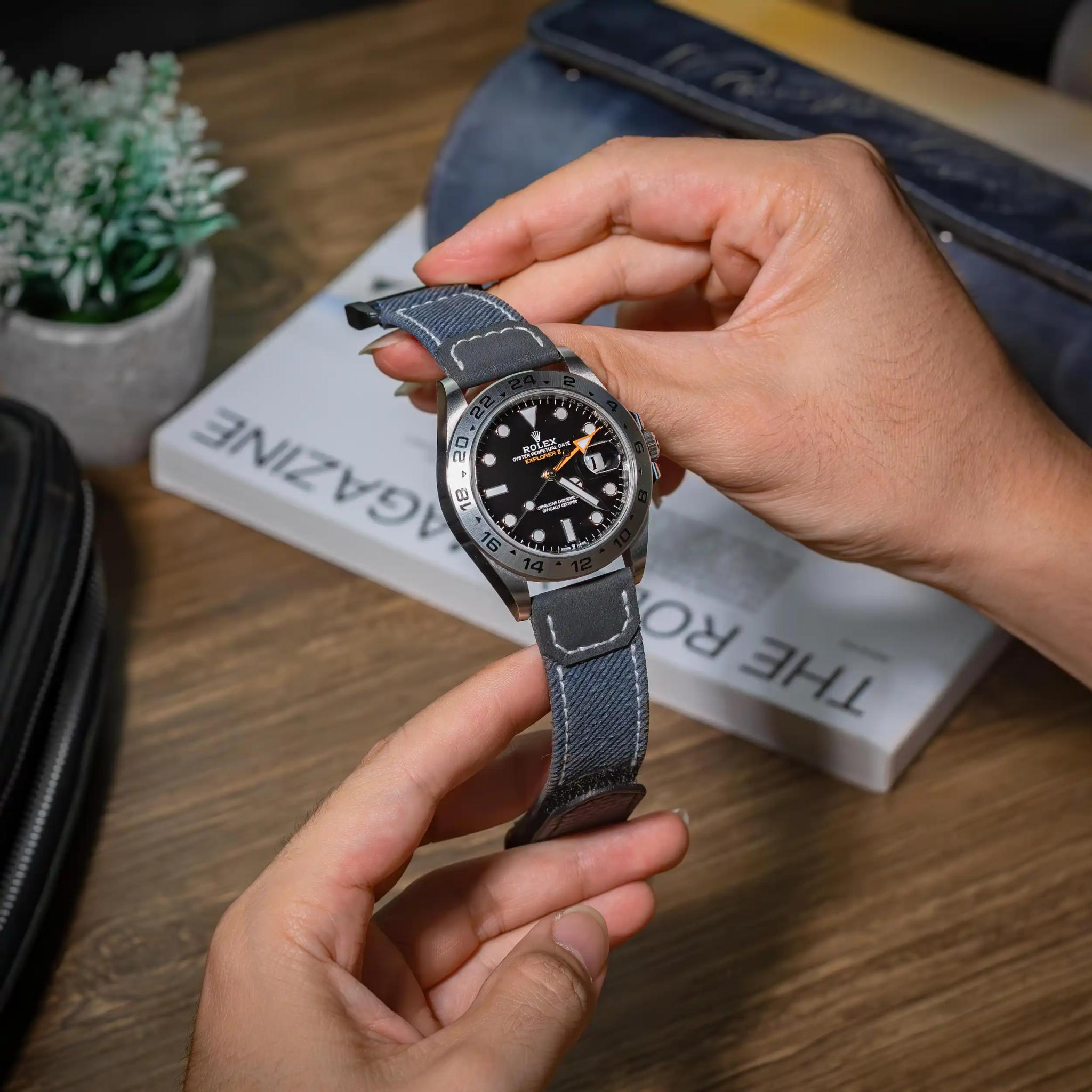 wild-west-blue-grey-denim-strap-on-Rolex-Explorer-II-made-by-Gunny-Straps