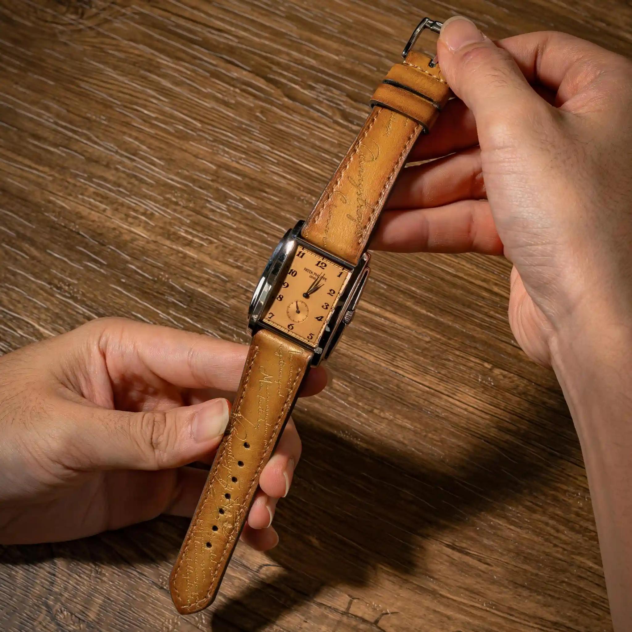 Patek Philippe Leather Strap – Gold Patina Scritto