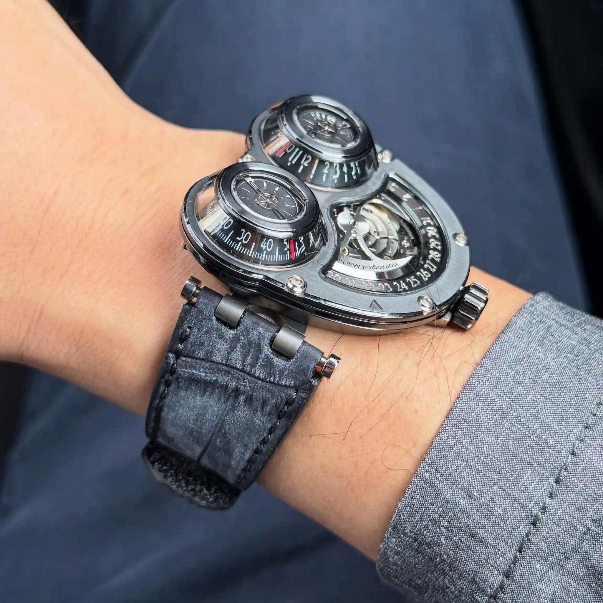 Grey-nubuck-crocodile-strap-with-hook-loop-on-MB&F-HM3-MegaWind-made-by-Gunny-Straps
