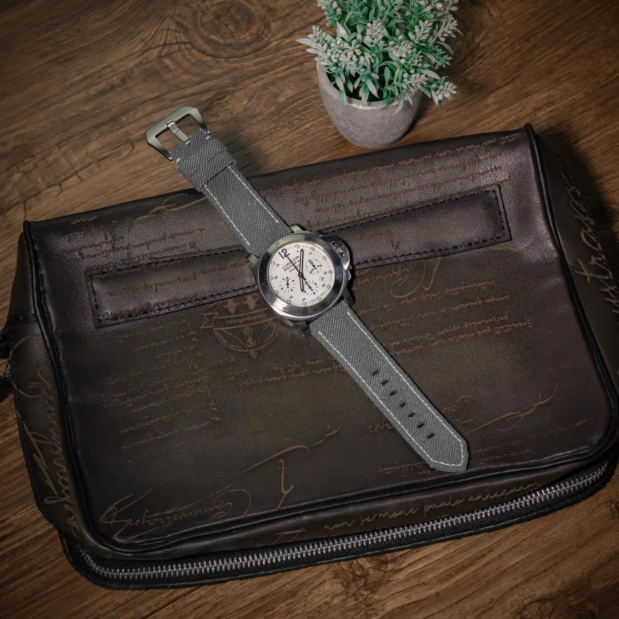 grey-denim-strap-on-panerai-luminor-chrono-daylight-made-by-Gunny-Straps