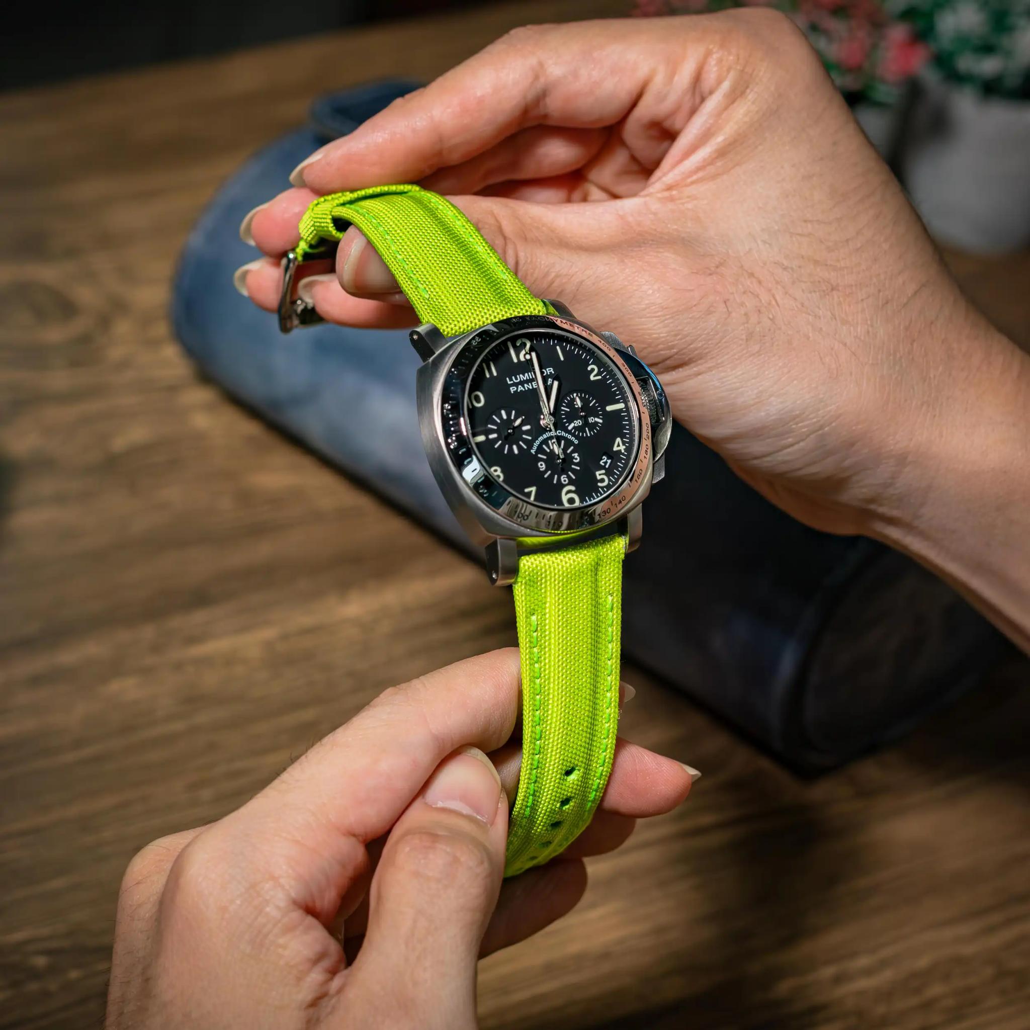 lime-green-kevlar-strap-on-Panerai-Luminor-PAM00072-made-by-Gunny-Straps