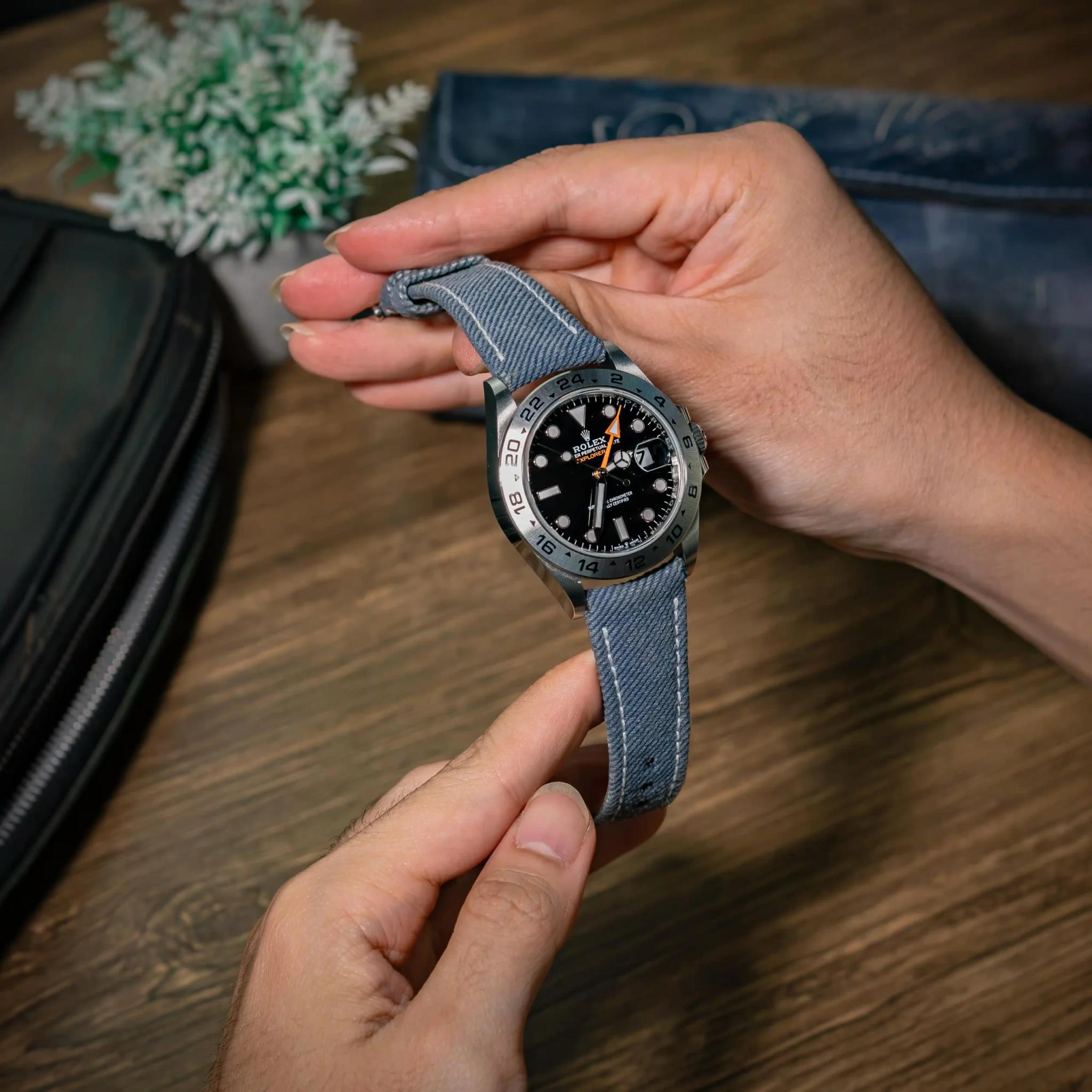 opaline-blue-denim-strap-on-rolex-explorer-II-made-by-Gunny-Straps