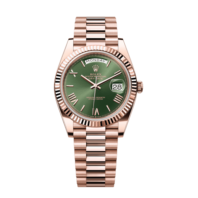 Daydate 40mm, RG, Olive Roman dial, President Bracelet