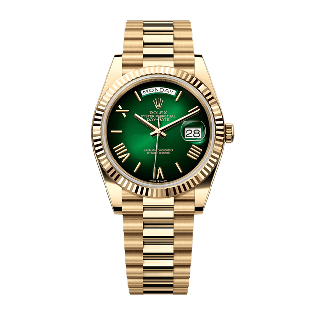 Daydate 40mm, YG, Green Ombre Roman dial, President Bracelet