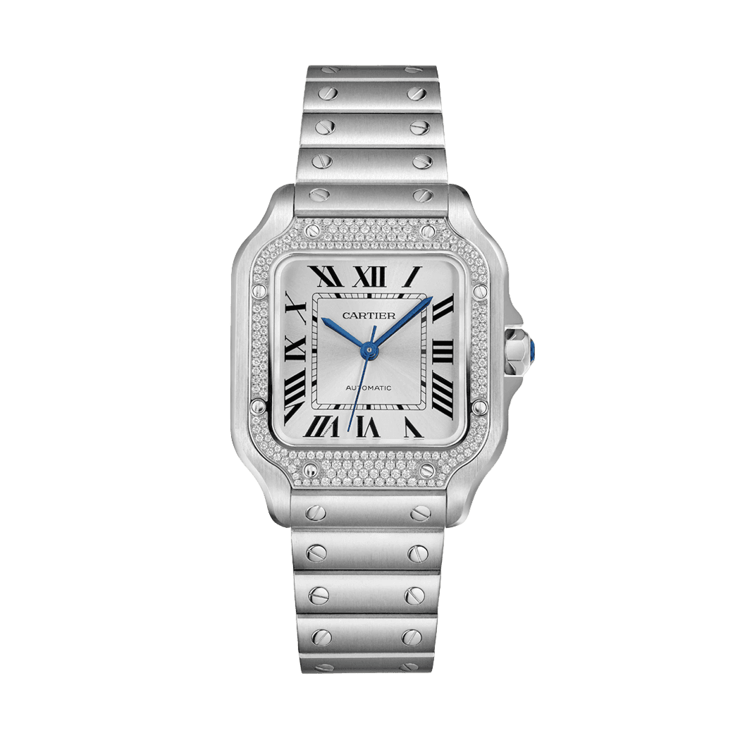 Santos de Cartier Medium Model 35.1mm, Steel, Diamond bezel, Silver dial, Bracelet