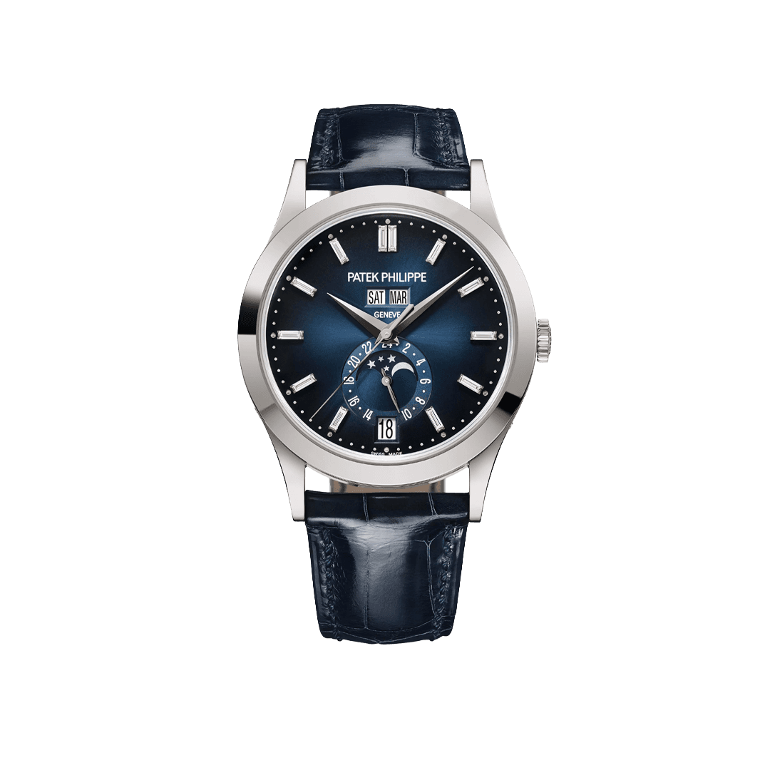 Jam tangan Patek Philippe Complications Annual Calendar, white gold, dial biru, strap kulit ref. 5396G-017
