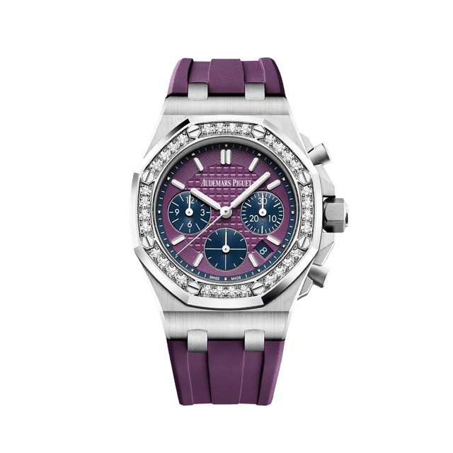 Royal Oak Offshore Bucherer Lady Chrono 37mm, Steel/RG, Bezel diamond, White/purple dial, White strap