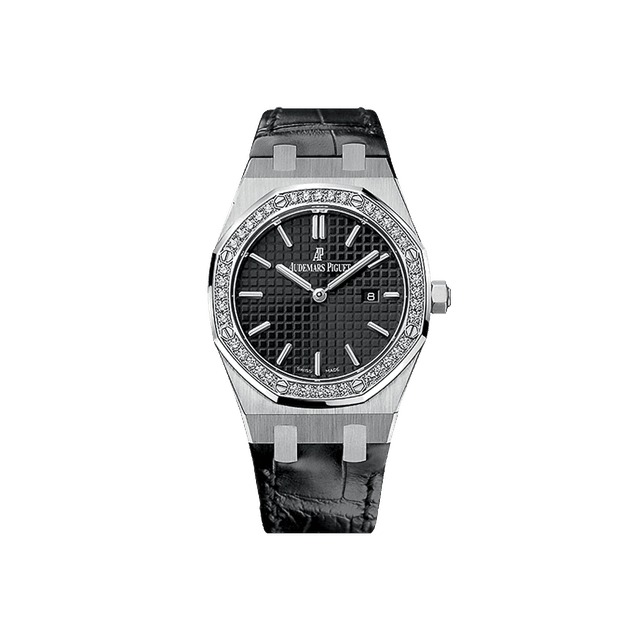 Royal Oak Lady Quartz 33mm, Steel, Black dial, Diamond Bezel, Black Croco Strap