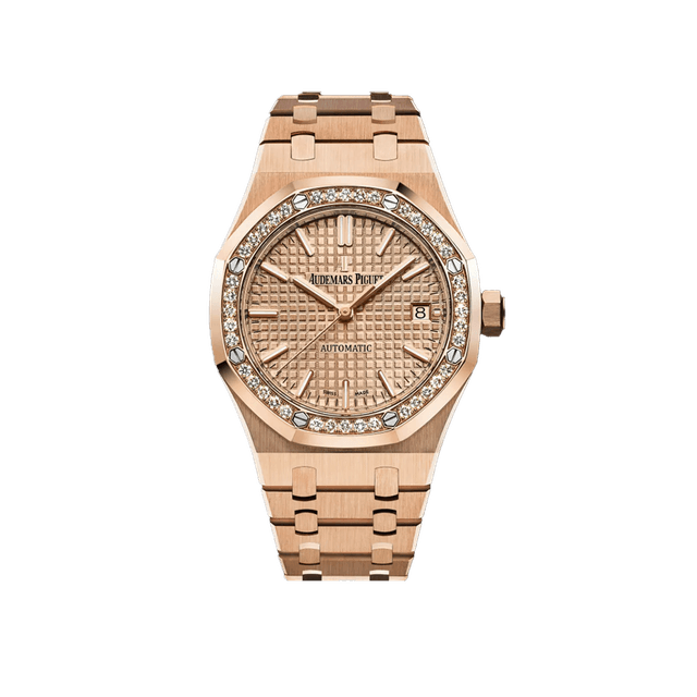 Royal Oak 37mm, RG, Pink Gold dial, Diamond Bezel, Bracelet