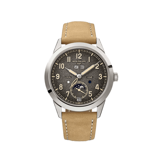 Annual Calendar Travel Time Complications 41mm, WG, Textured charcoal gray dial, Calfskin Leather Strap