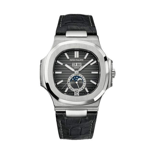 Nautilus Annual Calendar, Steel, Black Leather Strap