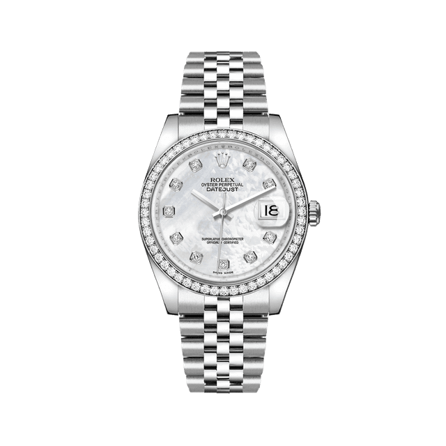Datejust 36mm, st/wg, White MOP 10rd dial, Diamond Bezel, Jubilee Bracelet