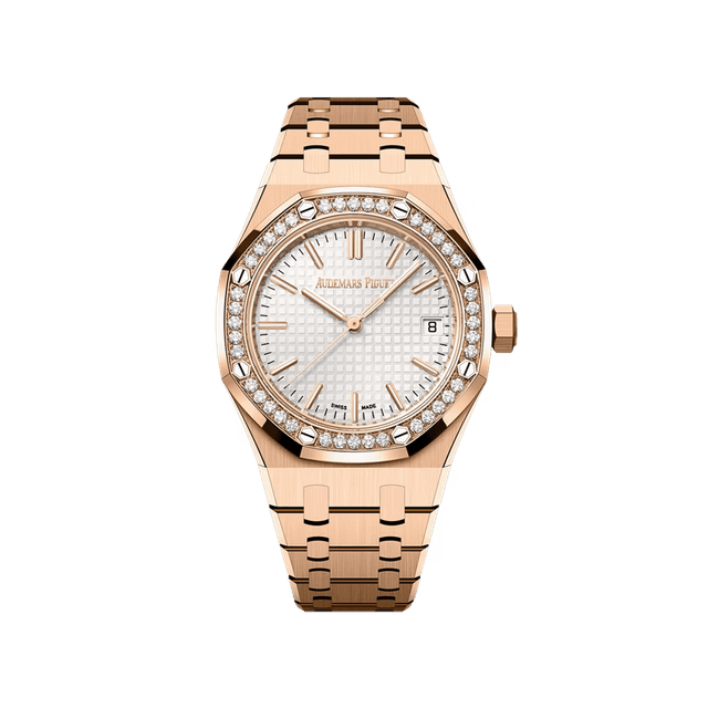 Royal Oak 37mm, RG, Silver dial, Diamond bezel, Bracelet